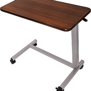 Adjustable Overbed Table with Dark Wood Top and Silver Base